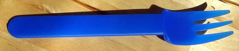 Blue Plastic Fork, by David Benbennick, from https://commons.wikimedia.org/wiki/File:Blue_plastic_fork.jpg used under CC-BY-SA 3.0.