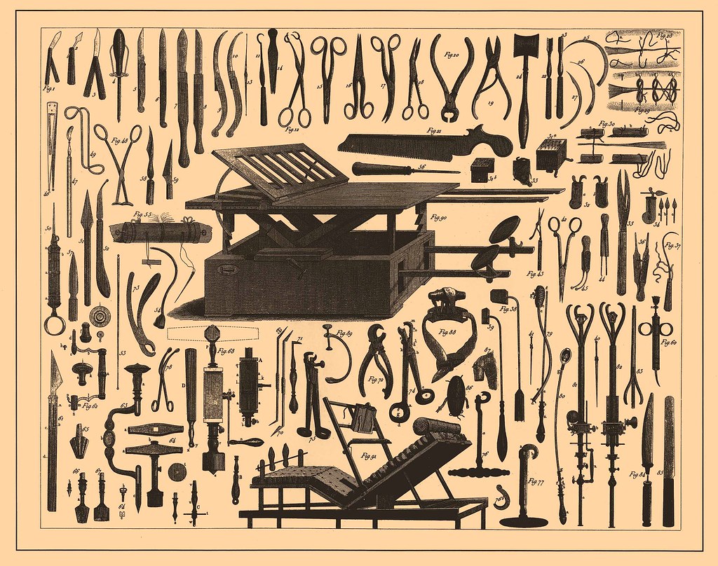 An engraved plate of early surgical tools: knives, saws, forceps, clamps, and an operating table