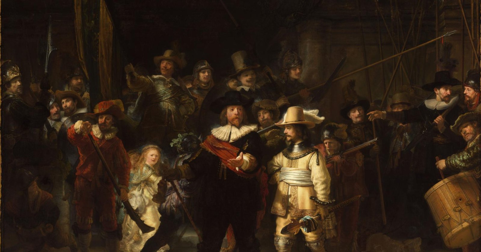 Cropped detail of Rembrandt's The Night Watch, showing the militia company's officers stepping out from shadow into light, flanked by the rest of the company